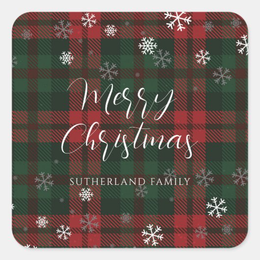 Merry Christmas Snowflakes Plaid Script Custom Quadratischer Aufkleber (Vorderseite)