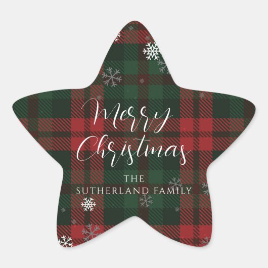 Merry Christmas Snowflakes Plaid Script Custom Stern-Aufkleber (Vorderseite)