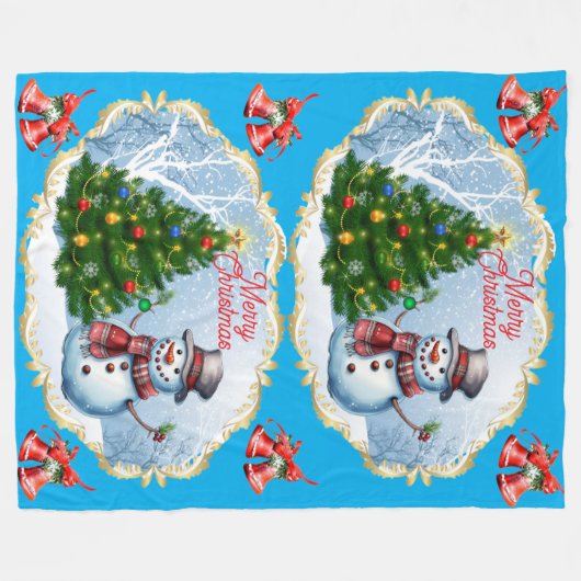 Merry Christmas Snowman Bells Cute Fleecedecke (Vorderseite (Horizontal))
