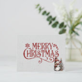 Merry Christmas Snowman Decorating the Tree Postkarte (Stehend Vorderseite)