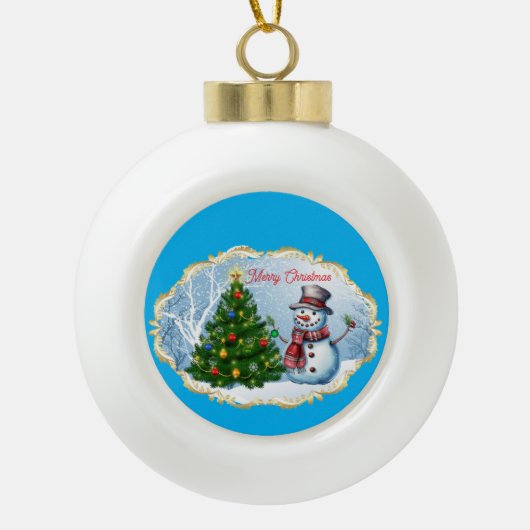 Merry Christmas Snowman Tree Cute Keramik Kugel-Ornament (Vorderseite)