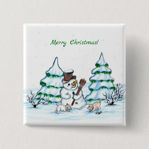 Merry Christmas! Snowman with Cat and Puppy Button