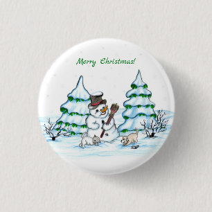 Merry Christmas! Snowman with Cat and Puppy Button