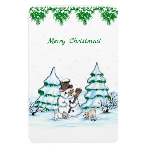 Merry Christmas! Snowman with Cat and Puppy Magnet