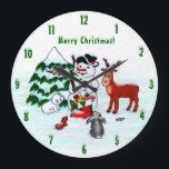 Merry Christmas! Snowman with Friends Große Wanduhr<br><div class="desc">Merry Christmas! Snowman with Friends - Baby Polar Bear,  Birds,  Moose,  Rabbit,    ~~~ colored pencil drawing by Krisi ArtKSZP ~~~ Store Category >>> Merry Christmas for Kids >>> Snowman with Friends</div>