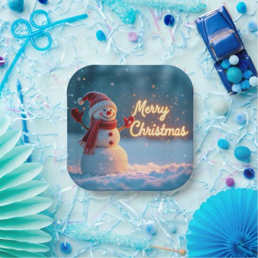 Merry Christmas Snowman with Neon Sign Pappteller (Party)