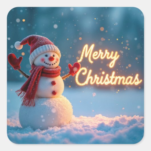 Merry Christmas Snowman with Neon Sign Quadratischer Aufkleber (Vorderseite)