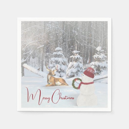 Merry Christmas Snowmen and Buck In Winter Woods Serviette (Vorderseite)