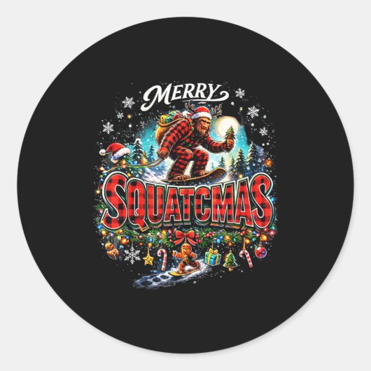 Merry Christmas Squatchmas Funny Bigfoot Snowboard Runder Aufkleber (Vorderseite)