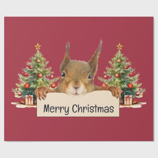 Merry Christmas Squirrel Two Christmas Trees Geschenkpapier (Flach)