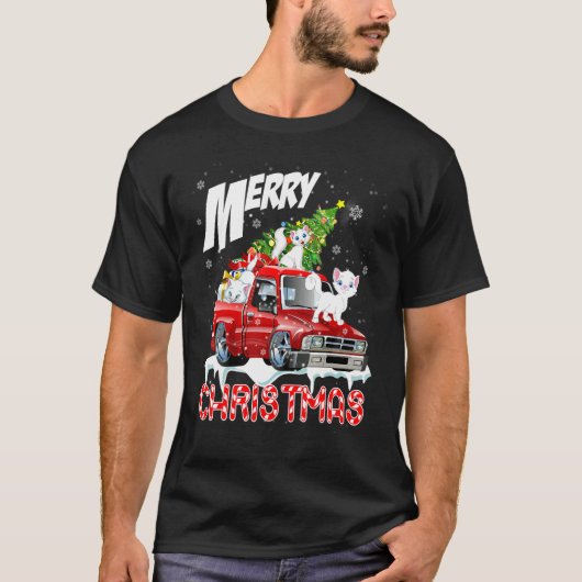 Merry Christmas Three Cats Xmas Tree On Pickup Tru T-Shirt (Vorderseite)