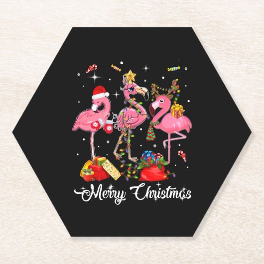 Merry Christmas Three Flamingo With Santa Hat Untersetzer (Vorderseite)
