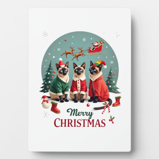 Merry Christmas Three Santa Elf Reindeer Siamese C Fotoplatte (Vorderseite)