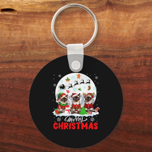 Merry Christmas Three Santa Elf Reindeer Siamese C Schlüsselanhänger (Vorderseite)