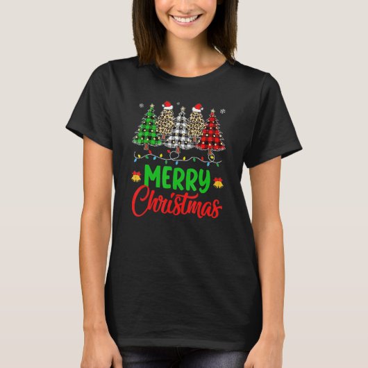 Merry Christmas Tree Buffalo Plaid Red Leopard Wom T-Shirt (Vorderseite)