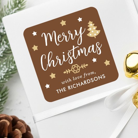Merry Christmas Tree Custom Familienname Brown Quadratischer Aufkleber