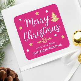 Merry Christmas Tree Custom Familienname Pink Quadratischer Aufkleber