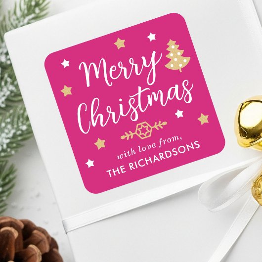 Merry Christmas Tree Custom Familienname Pink Quadratischer Aufkleber