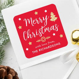 Merry Christmas Tree Custom Familienname Red Quadratischer Aufkleber