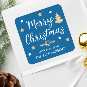 Merry Christmas Tree Custom Family Name Blue Quadratischer Aufkleber