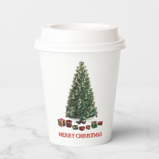 Merry Christmas. Tree (design 1) with gifts Pappbecher (Rückseite)
