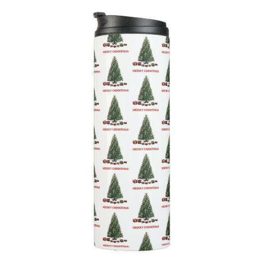 Merry Christmas. Tree (design 1) with gifts Thermosbecher (Nach rechts gedreht)