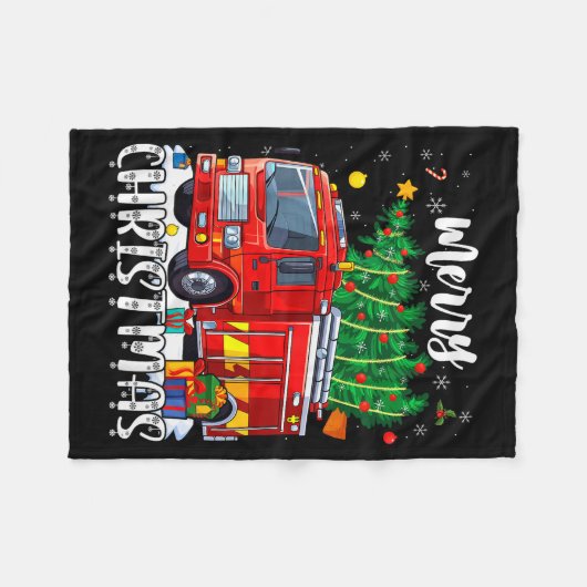 Merry Christmas Tree Firetruck Pajama Firefighter Fleecedecke (Vorderseite (Horizontal))