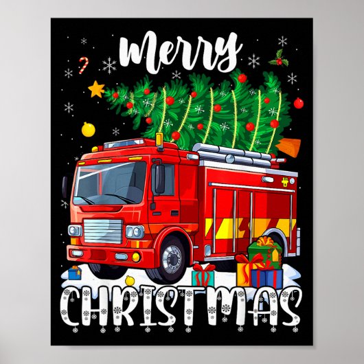 Merry Christmas Tree Firetruck Pajama Firefighter Poster (Vorne)