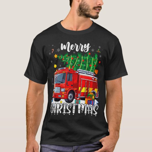 Merry Christmas Tree Firetruck Pajama Firefighter T-Shirt (Vorderseite)