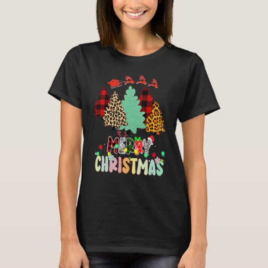 Merry Christmas Tree Leopard Buffalo Red Plaid For T-Shirt (Vorderseite)