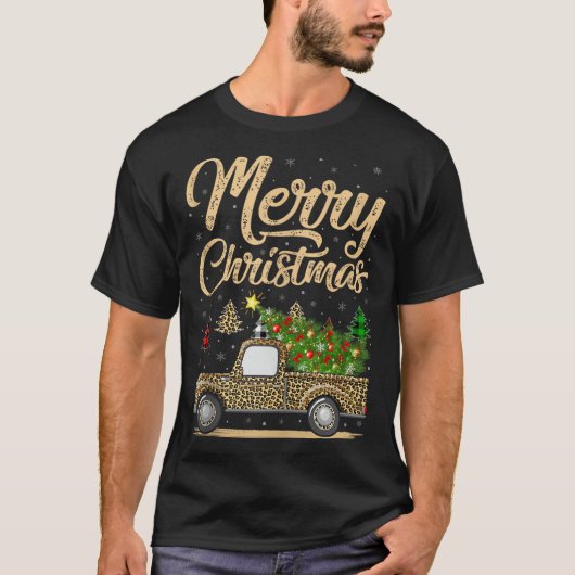 Merry Christmas Tree Leopard Truck Xmas Family Paj T-Shirt (Vorderseite)