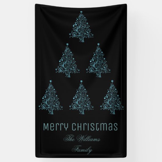 Merry Christmas Tree Muster Metallic Blue Black Banner (Vertikal)
