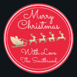 Merry Christmas Tree Name Gold RedSantaSleigh Deer Runder Aufkleber<br><div class="desc">Blumendesign</div>