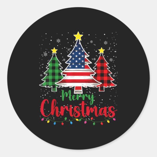 Merry Christmas Tree Plaid Us Flag Snowflake Xmas Runder Aufkleber (Vorderseite)