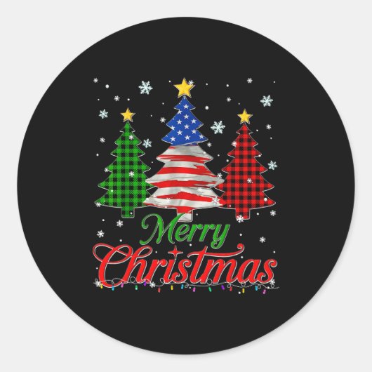 Merry Christmas Tree Plaid Us Flag Snowflake Xmas  Runder Aufkleber (Vorderseite)