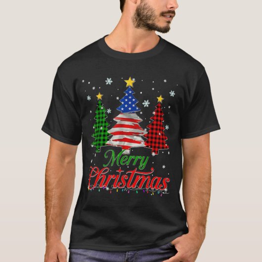 Merry Christmas Tree Plaid Us Flag Snowflake Xmas  T-Shirt (Vorderseite)