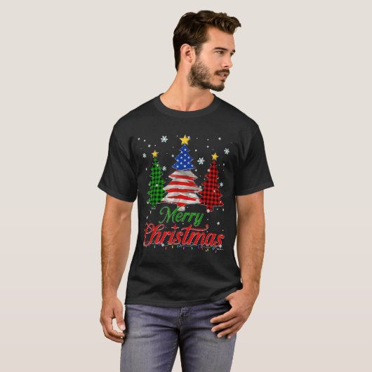 Merry Christmas Tree Plaid Us Flag Snowflake Xmas  T-Shirt (Vorne ganz)