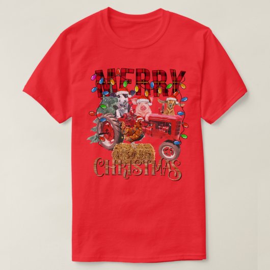 Merry Christmas Tree Red Tractor Lighting Farmer C T-Shirt (Design vorne)