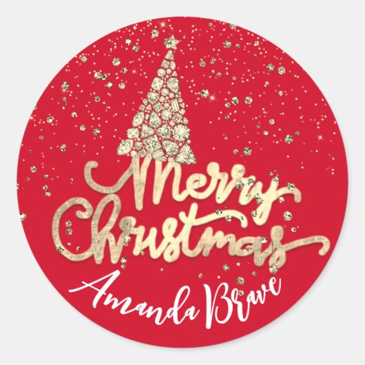 Merry Christmas Tree Skriptname Gold ConfettiRed Runder Aufkleber (Vorderseite)
