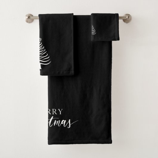Merry Christmas Tree Towel Set Minimalist Black (Insitu)