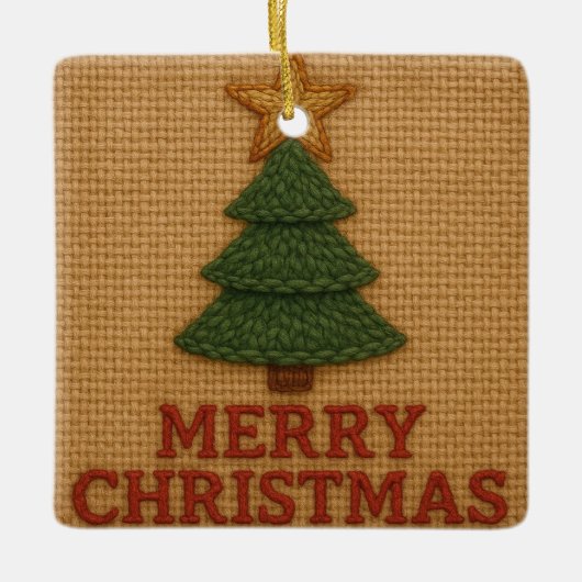 Merry Christmas tree with a knitted feel Keramikornament (Vorderseite)