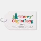 Merry Christmas trees colorful retro font Geschenkanhänger (Rückseite Horizontal)