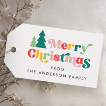Merry Christmas trees colorful retro font