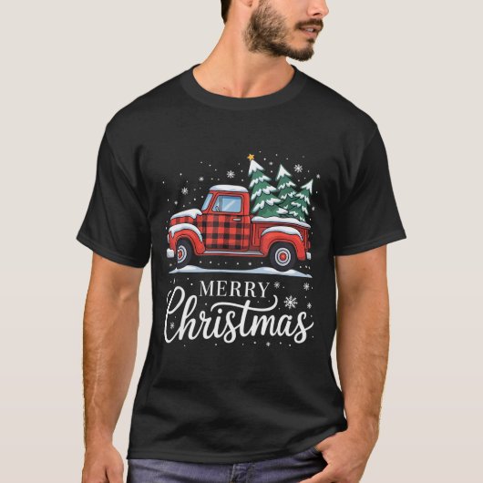 Merry Christmas Truck Xmas Red Plaid Family Christ T-Shirt (Vorderseite)