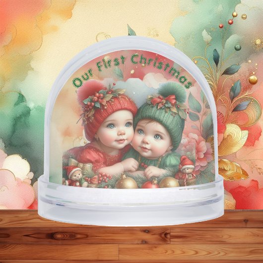 Merry Christmas Two Babies Family Photo Red Green Schneekugeln