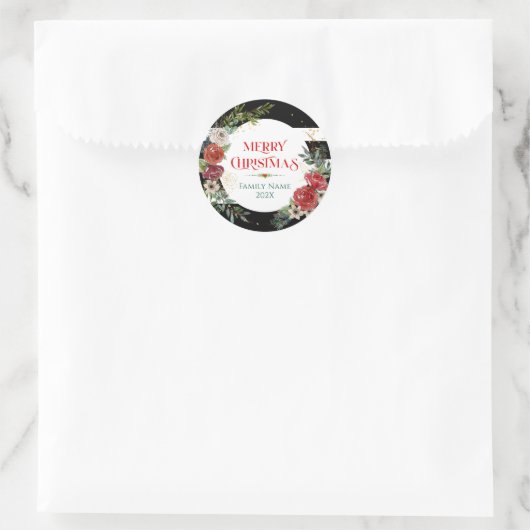 Merry Christmas Typography & Floral Wreath Coaster Runder Aufkleber (Tasche)