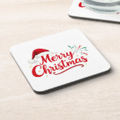 Merry Christmas Typography with Santa Hat and Snow Getränkeuntersetzer (Linke Seite)