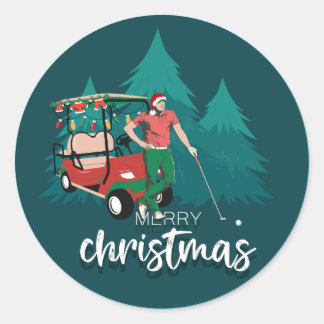 MERRY CHRISTMAS VINTAG GOLFER GOLF CAR RUNDER AUFKLEBER