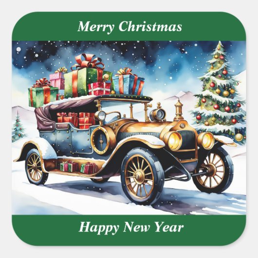 Merry Christmas Vintage Car Ornament Quadratischer Aufkleber (Vorderseite)