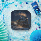 Merry Christmas Vintage Train In Snow Pappteller (Party)